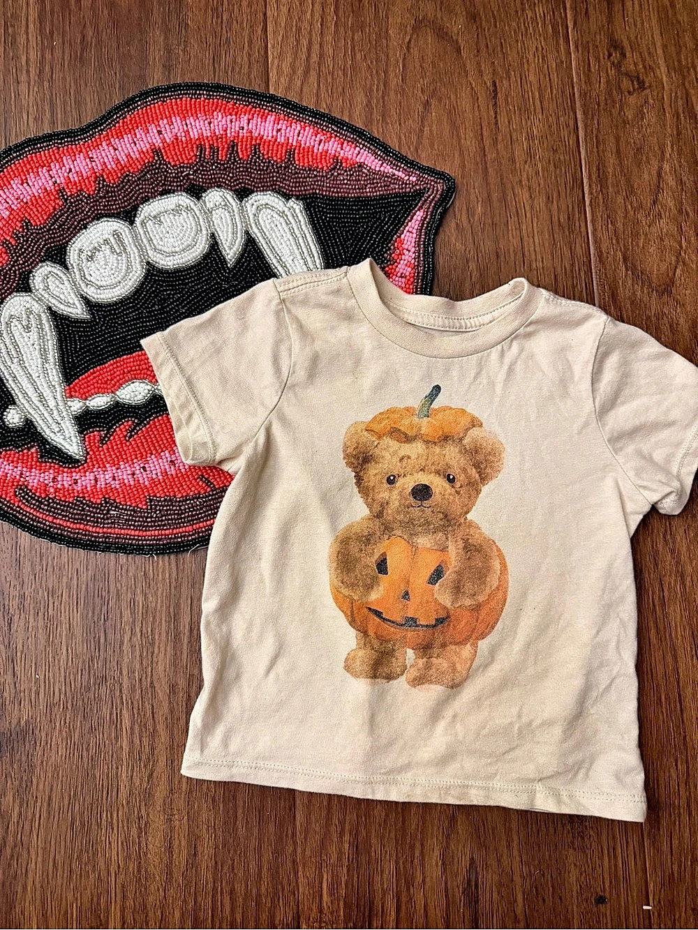 Toddler Halloween Teddy Bear Pumpkin Graphic T-Shirt Cream Unisex 2T
